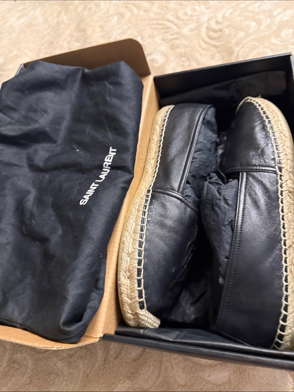 Saint Laurent Black Leather Espadrille Slip-Ons with Jute Trim - Picture 6 of 6